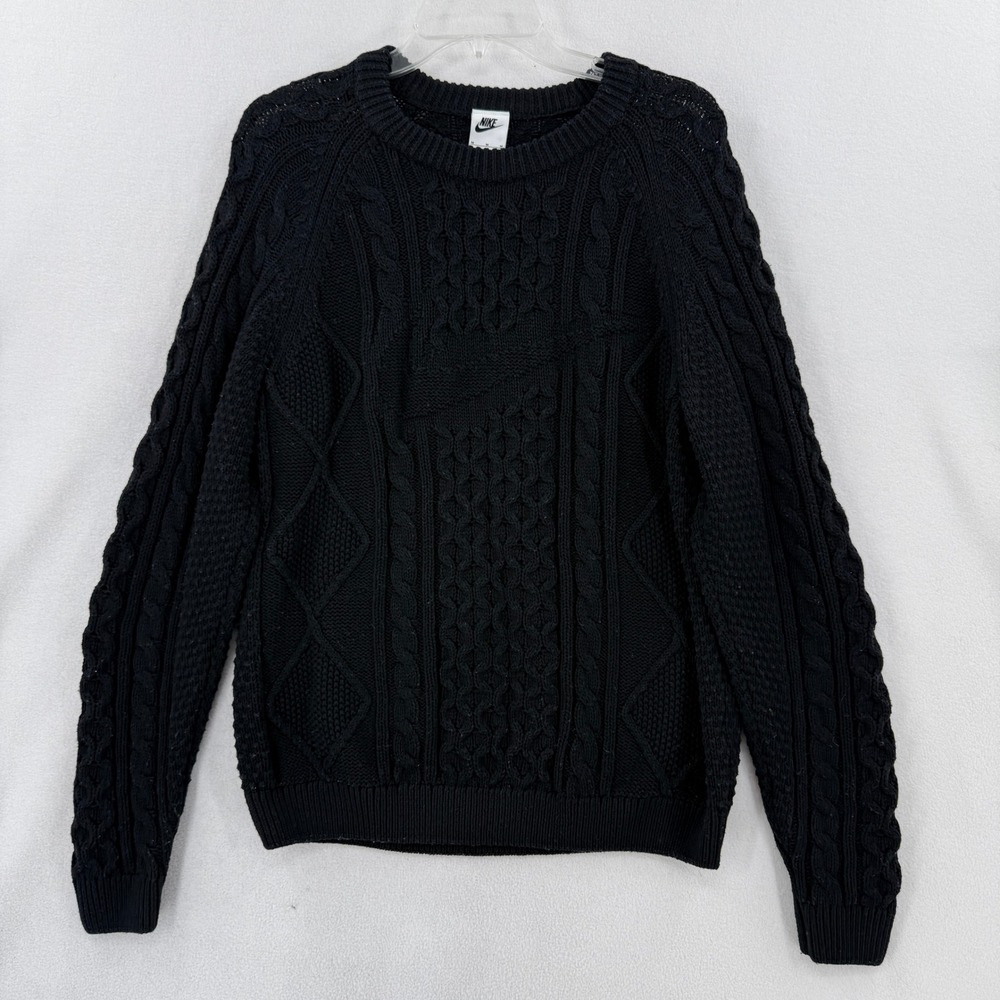 Nike Cable Knit Sweater Mens Medium Black Tonal Swoosh DQ5176-010